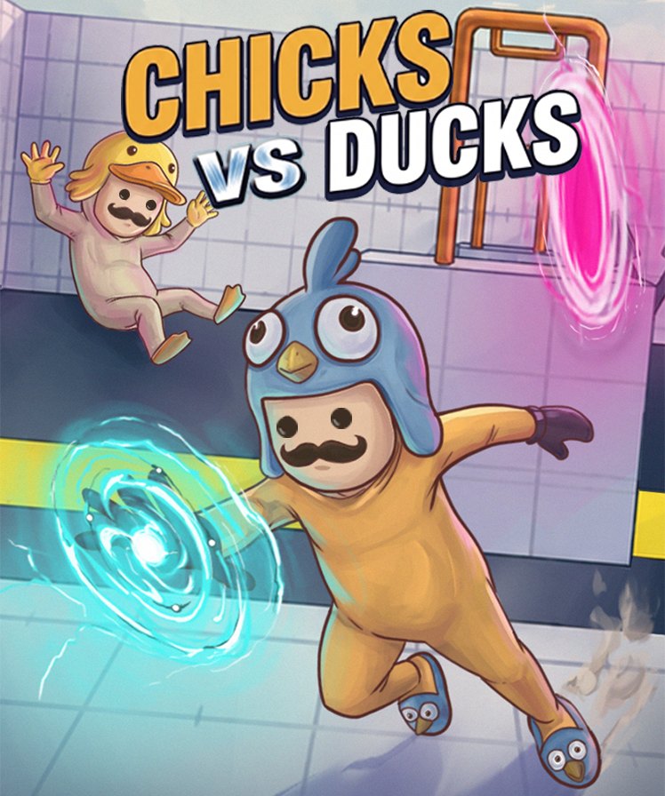 Chicks vs Ducks key art: two players in chick and duck costumes running between glowing portals